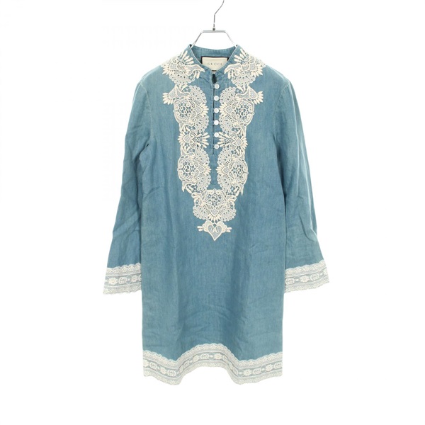 GUCCI Dress #38 605560 cotton Fabric denim Blue White Used Women