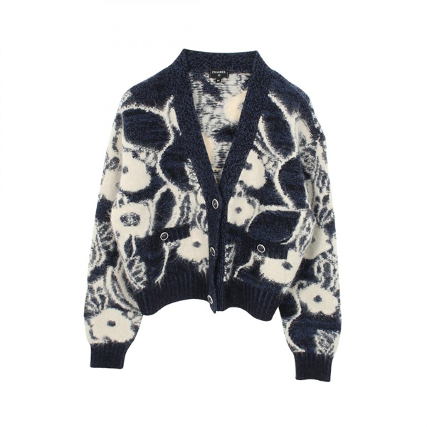 CHANEL Lion Button Cardigan Knitwear cashmere alpaca Navy White Used women #38