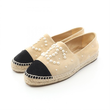 CHANEL COCO Mark Pearl Espadrille Shoes Suede Beige Black Used Women size 37