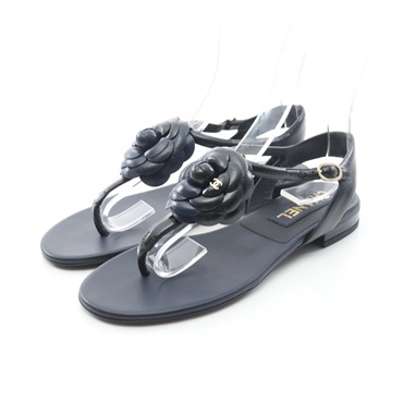 CHANEL Camellia COCO Mark Flat Sandals Shoes leather Black Navy Women #37 CC