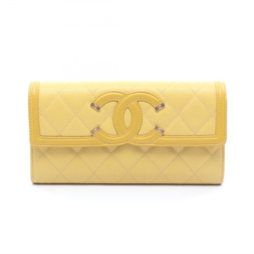 CHANEL CC filigree Bifold purse long wallet A84448  Calfskin leather Yellow GHW