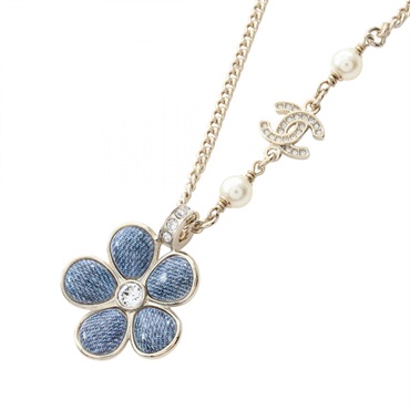 CHANEL Denim Flower Motif B26C Necklace Gold Plated Rhinestone Artificial pearl