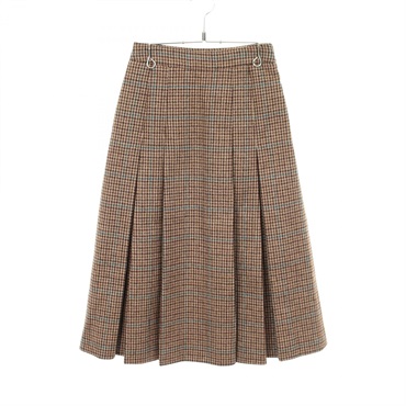 CELINE Houndstooth Pleated Long Skirt #34 wool Brown Used Women