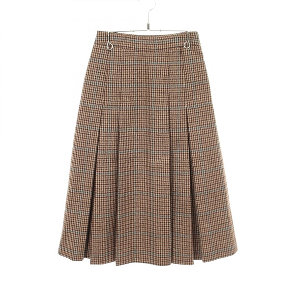 CELINE Houndstooth Pleated Long Skirt #34 wool Brown Used Women