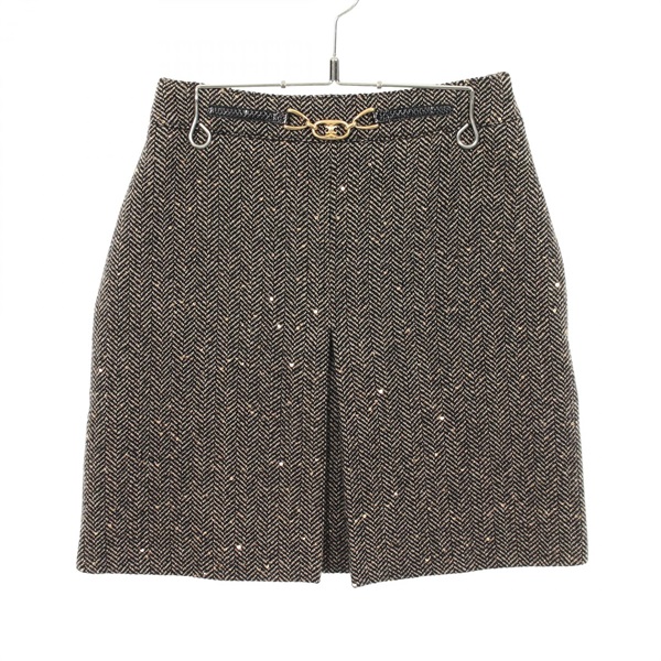 CELINE Herringbone Tweed Sequins Skirt 2J121235G wool Black Used Women #34