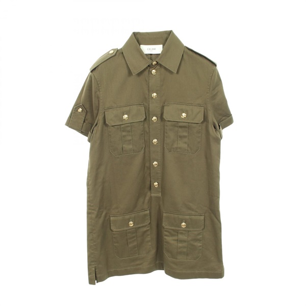 CELINE Triomphe button military pocket shirt Dress 2Z488106K cotton Khaki #38
