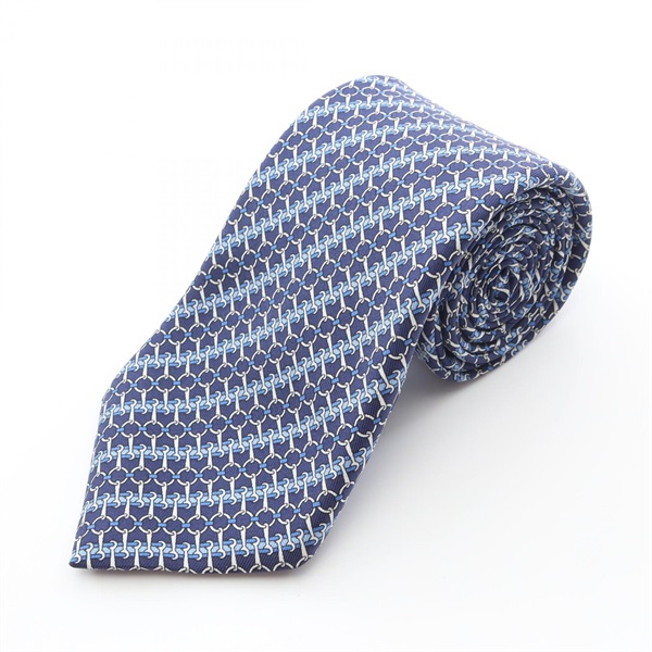 HERMES Horsebit Pattern Business Tie silk soie Navy White White Used mens