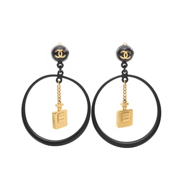 CHANEL COCO Mark Perfume Bottle Motif Hoop Earring Gold Plated Black Used Women