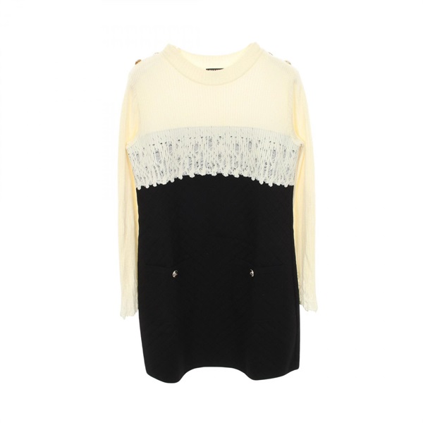 CHANEL COCO Mark button Contrast Dress #36 P65618K61334 wool White Black Used CC