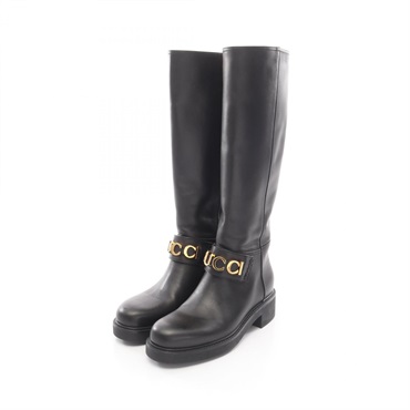 GUCCI Logo Long Boots Shoes 752517 leather Black Used Women #37 1/2