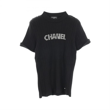 CHANEL Logo short sleeve T-shirt P70827K10079 cotton Black Used Women size 40
