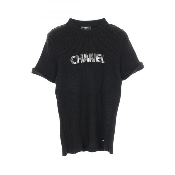 CHANEL Logo short sleeve T-shirt P70827K10079 cotton Black Used Women size 40