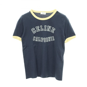 CELINE 70's California Flock Logo T-shirt cotton Navy Yellow #XS Used