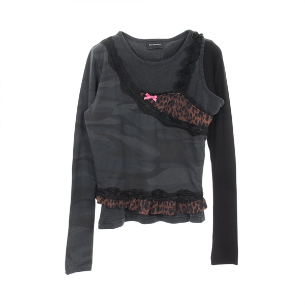 BALENCIAGA Camouflage Leopard Print Long Sleeve T-shirt cotton Gray Brown #XS