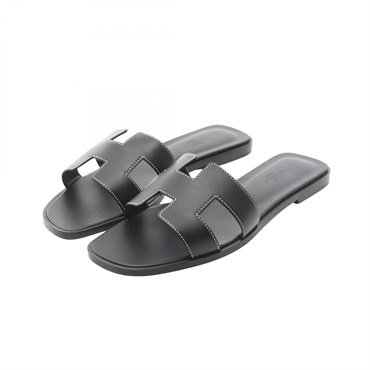 HERMES Oran Flat Mule Sandal Shoes #38 1/2 leather Black Women
