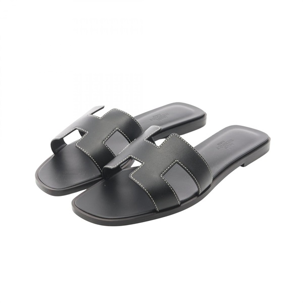 HERMES Oran Flat Mule Sandal Shoes #38 1/2 leather Black Women