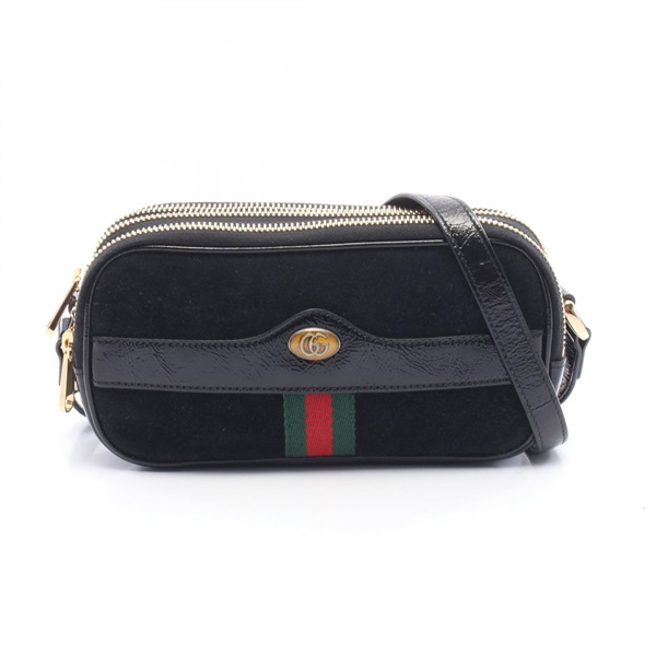 GUCCI Double G Crossbody Shoulder Bag 546597 Suede Patent leather Black Used