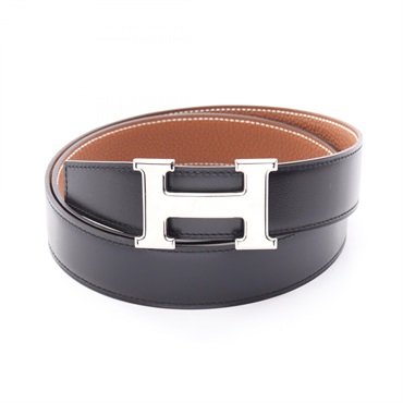 HERMES Constance H Reversible Belt Ceinture #90 leather Black Brown SHW Used U