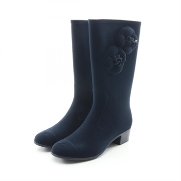 CHANEL Camellia Rain boots G26648 Fabric Navy #38 Used Women