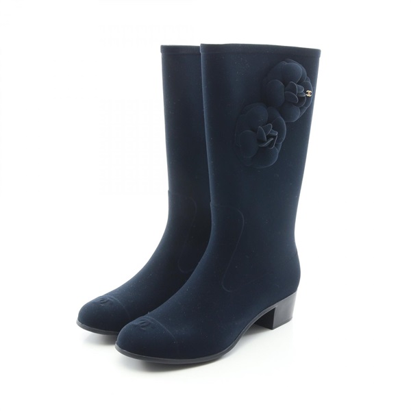 CHANEL Camellia Rain boots G26648 Fabric Navy #38 Used Women