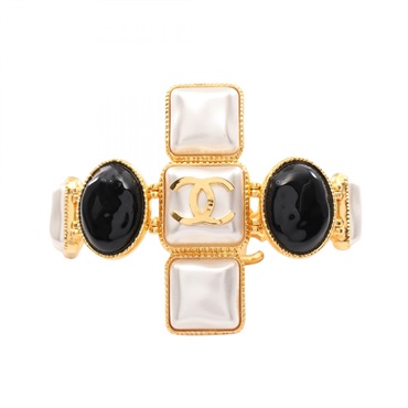CHANEL COCO Mark Gripoa Bracelet Gold Plated Artificial pearl glass White Black