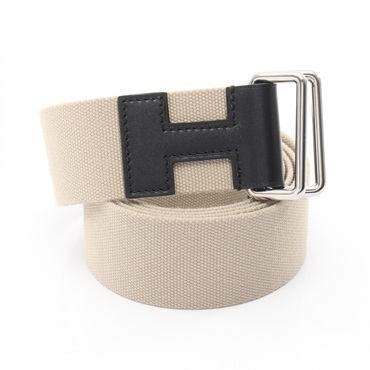 HERMES Nomade 40 Belt canvas leather Beige Black SHW Used Women W size L