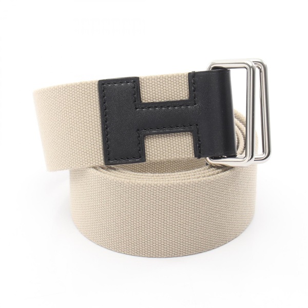 HERMES Nomade 40 Belt canvas leather Beige Black SHW Used Women W size L