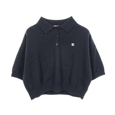 CELINE Triomphe Cropped Knit Polo shirt wool Navy #S Used Women