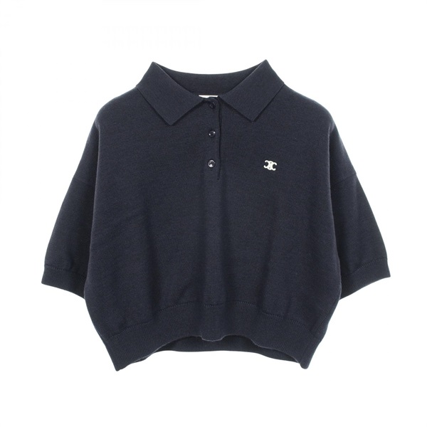CELINE Triomphe Cropped Knit Polo shirt wool Navy #S Used Women