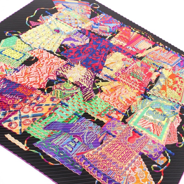 HERMES Carre Plisse VOYAGE EN ETOFFES Pleated Scarf Stole silk Black Used