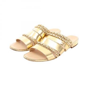 CHANEL COCO Mark Chain Sandals Flat shoes #38 leather Gold Used Women CC