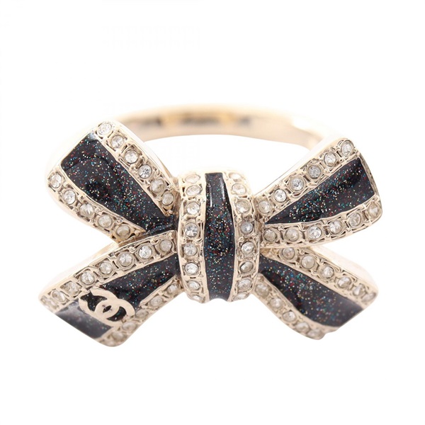 CHANEL COCO Mark Ribbon Ring Gold Plated Rhinestone Used women US size 5.75 BK