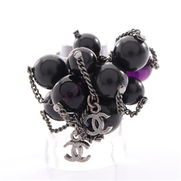 CHANEL COCO Mark Chain Ring SS Beads SHW Black Purple Used US size 6.75