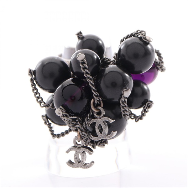 CHANEL COCO Mark Chain Ring SS Beads SHW Black Purple Used US size 6.75
