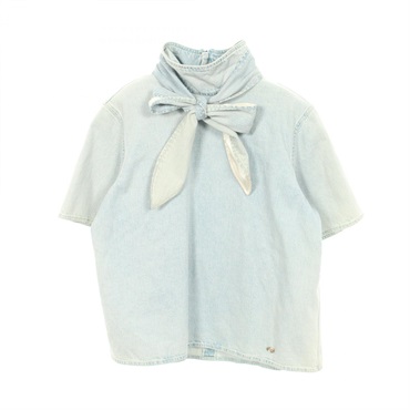 CHANEL Bow Tie Denim Short Sleeve blouse Tops cotton Blue Used Women size 34