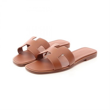 HERMES Oran Mule Flat Sandal Shoes #40 leather Brown Women