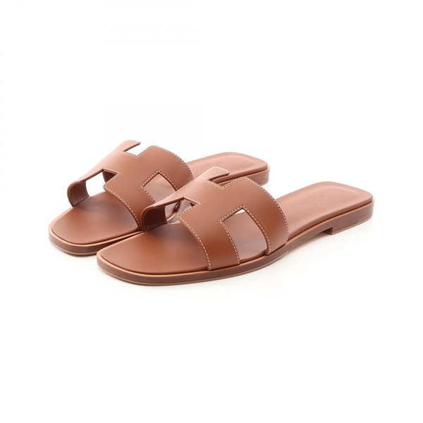 HERMES Oran Mule Flat Sandal Shoes #40 leather Brown Women
