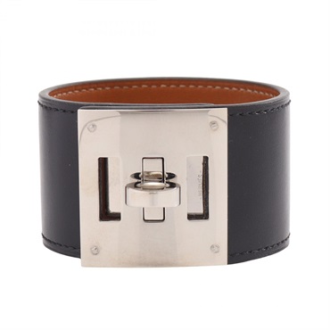 HERMES Kelly Dog Bracelet Bangle Stainless Steel leather Black Used Women