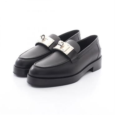 HERMES Moccasins Hot Loafers Flat Shoes #39 leather Black SHW Women