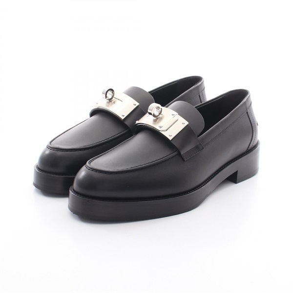 HERMES Moccasins Hot Loafers Flat Shoes #39 leather Black SHW Women