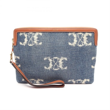 CELINE Triomphe business clutch bag denim leather Navy Brown Used Women