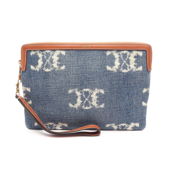CELINE Triomphe business clutch bag denim leather Navy Brown Used Women