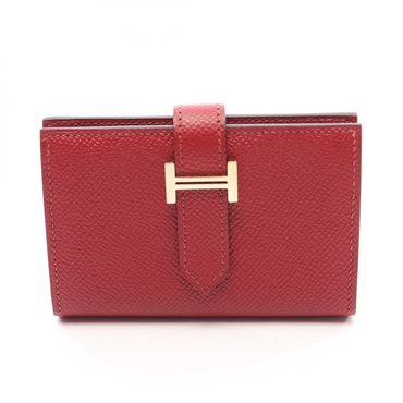 HERMES Bearn mini Card Case Holder Epsom leather Red Rouge Grenat GHW Used X
