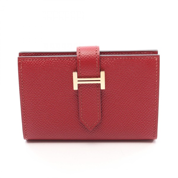 HERMES Bearn mini Card Case Holder Epsom leather Red Rouge Grenat GHW Used X