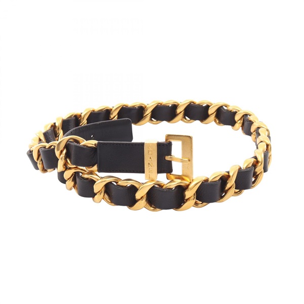 CHANEL Logo Chain Belt Ceinture leather Black GHW Used Women #70/28 Coco CC