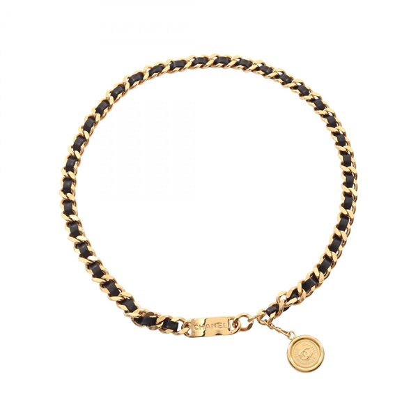 CHANEL COCO Mark Medal Chain Belt leather Gold Plated Black GHW Used Women CC