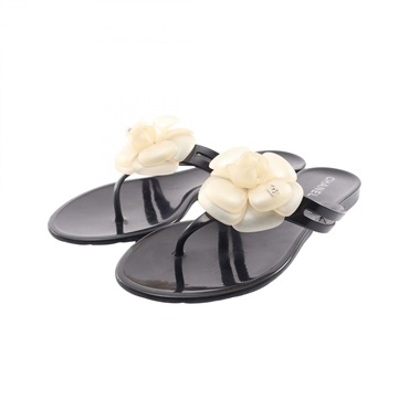 CHANEL Camelia Sandals flip-flops #38 G26012 rubber Black Used Women Coco CC
