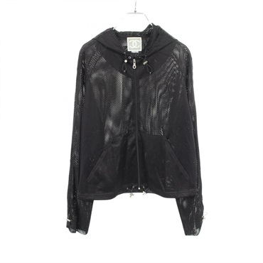 CHANEL Mesh Zip up Hoodie Jacket #38 P21081 polyester Black Used Women CC