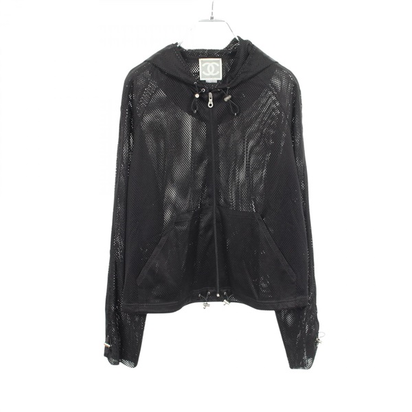 CHANEL Mesh Zip up Hoodie Jacket #38 P21081 polyester Black Used Women CC