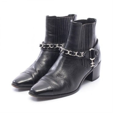 CHANEL COCO Mark Chain Short Boots leather Patent leather Black Used Women #37C